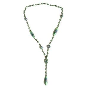 Antique Art Deco Floral Green Glass Bead 27" Lariat Necklace
